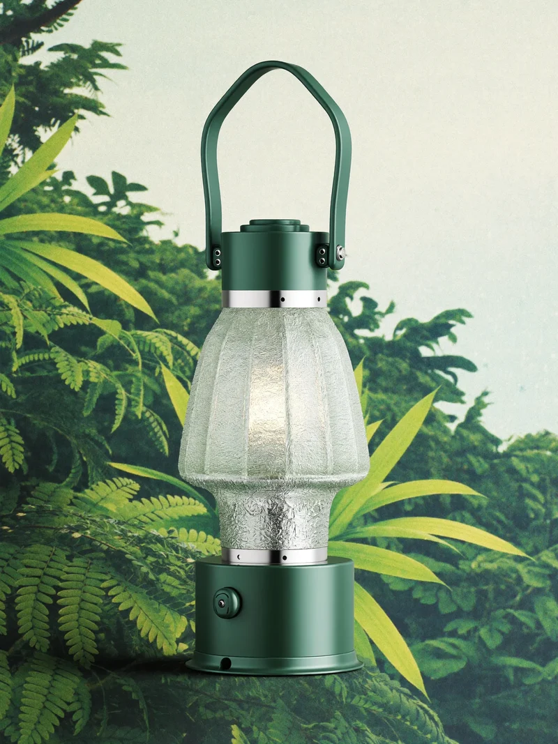 Illustration: modulare Campinglaterne mit skulpturalem Griff als Entwurf